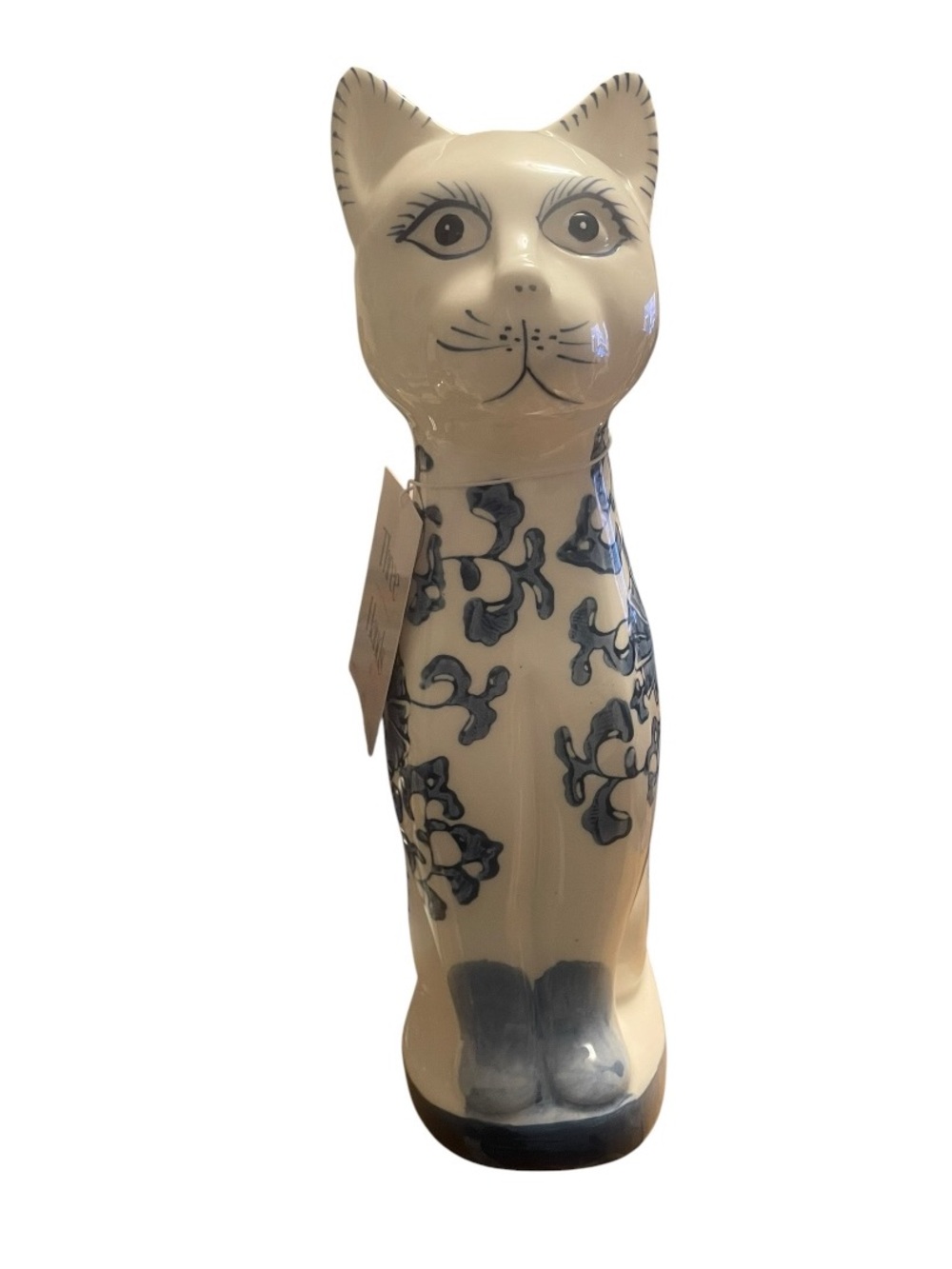 Three Hands Blue & White Ceramic Cat Figurine 11” - NWT - Chinoiserie Home Decor